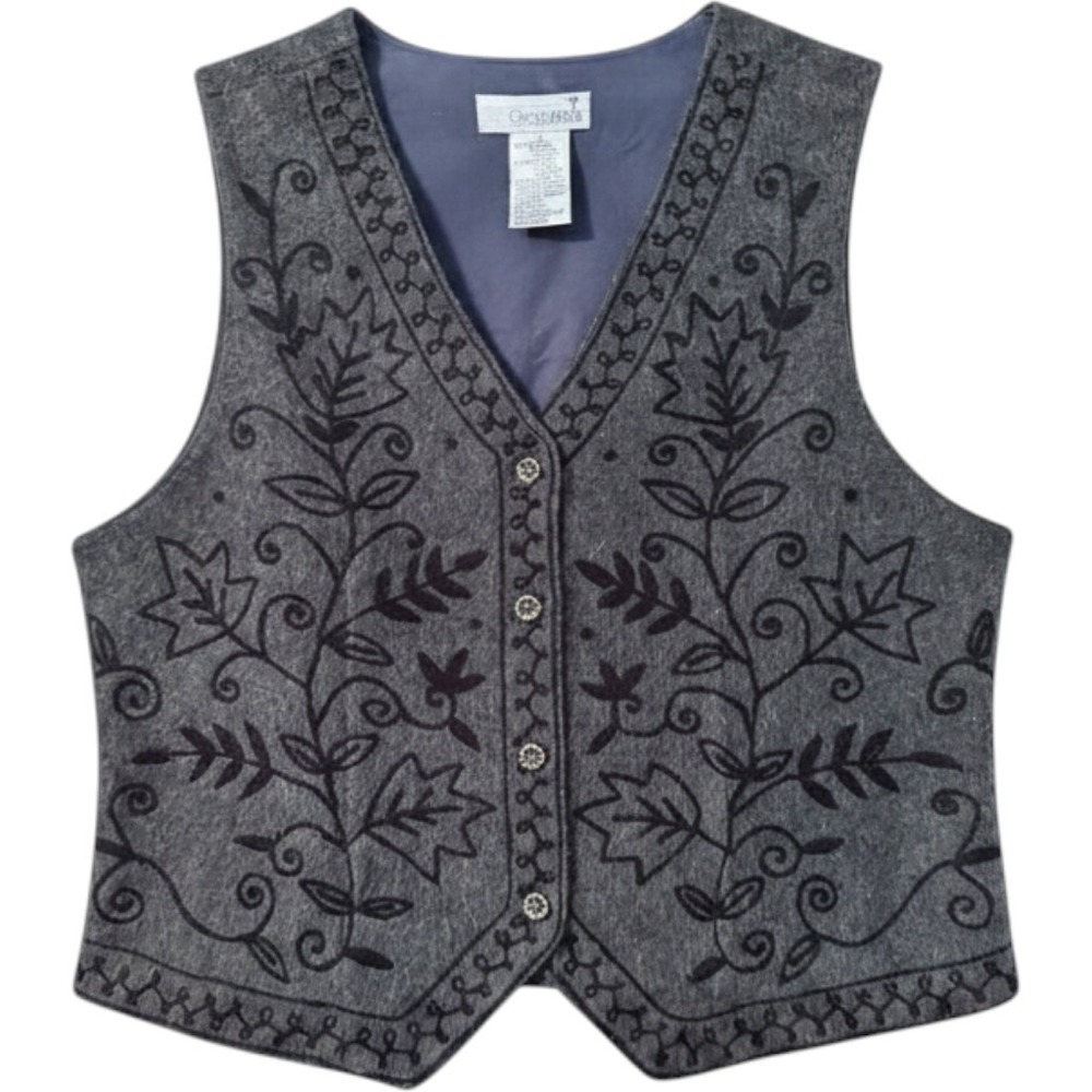 ChrisAntheme Vest Gray Embroidered Floral Button Front Sleeveless cotttagecore